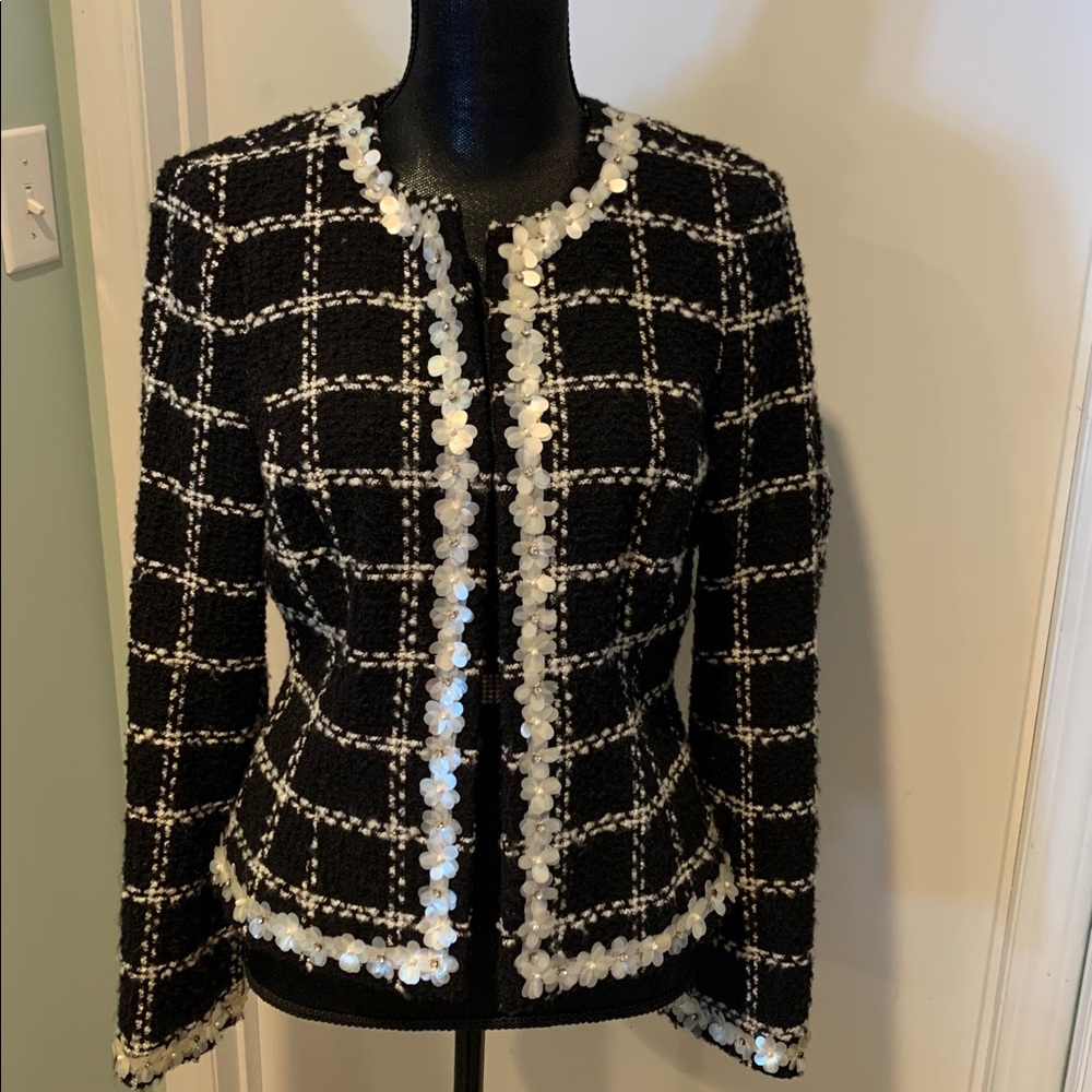 Karen Kane Black and White Tailored Jacket with Beaded Floral Accents. Size 10.